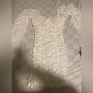 Windsor White Ruched Pearl Long Sleeve Dress